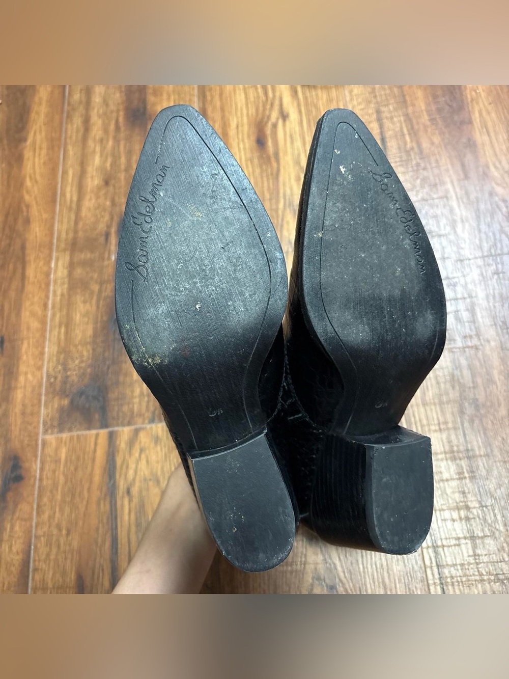 Black Croc Embossed Leather Pointed Toe Ankle Boots by Sam Edelman - Picture 3 of 7
